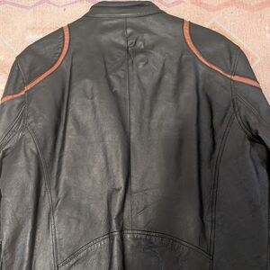 Black Leather Bomber Jacket with Brown Accents